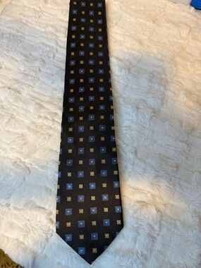 Bellissimo Moda Italia 100% Silk Brown Blue Gold Geometric Tie 3.75”